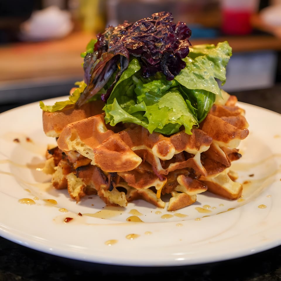Golden waffles topped with fresh green and red lettuce, drizzled with syrup on a white plate.